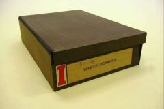 Clothed Black Box, ex. Num. 39;  28,5 x 10,5 x 41,5,  1st half of 20th century  Left-sided top opening  Box used for rewritten documents of various Archives in Prague.  Donated by National Archive in Prague, I. Dep., V/2007